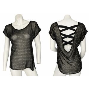 Timing Sheer Black Mesh Top Gold Bow Detail Strappy Back Blouse Size Small